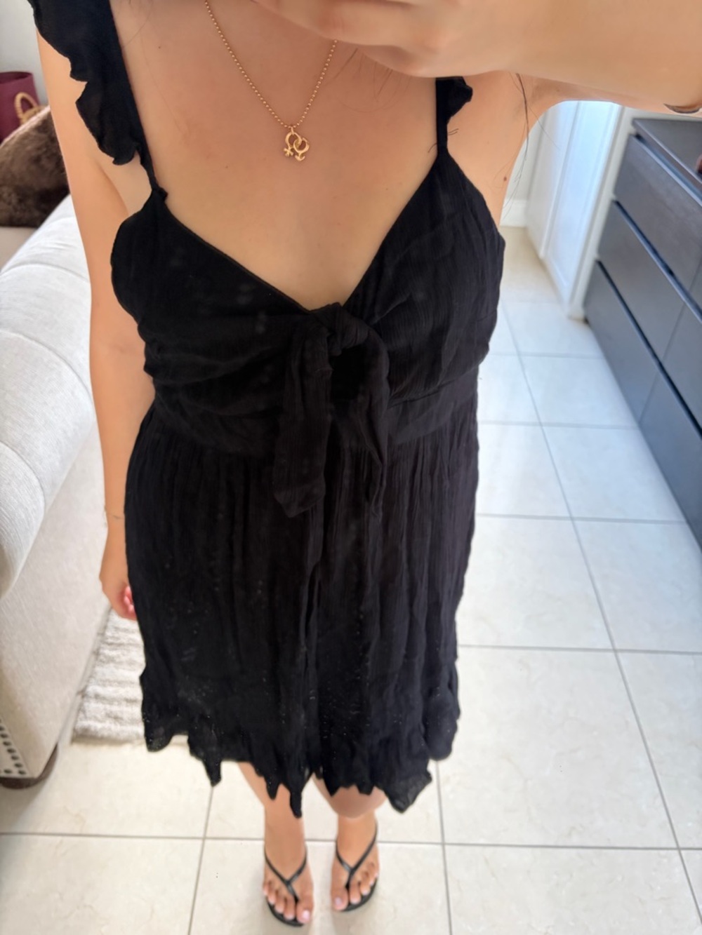 Black Tie-Front Ruffle Strap Dress